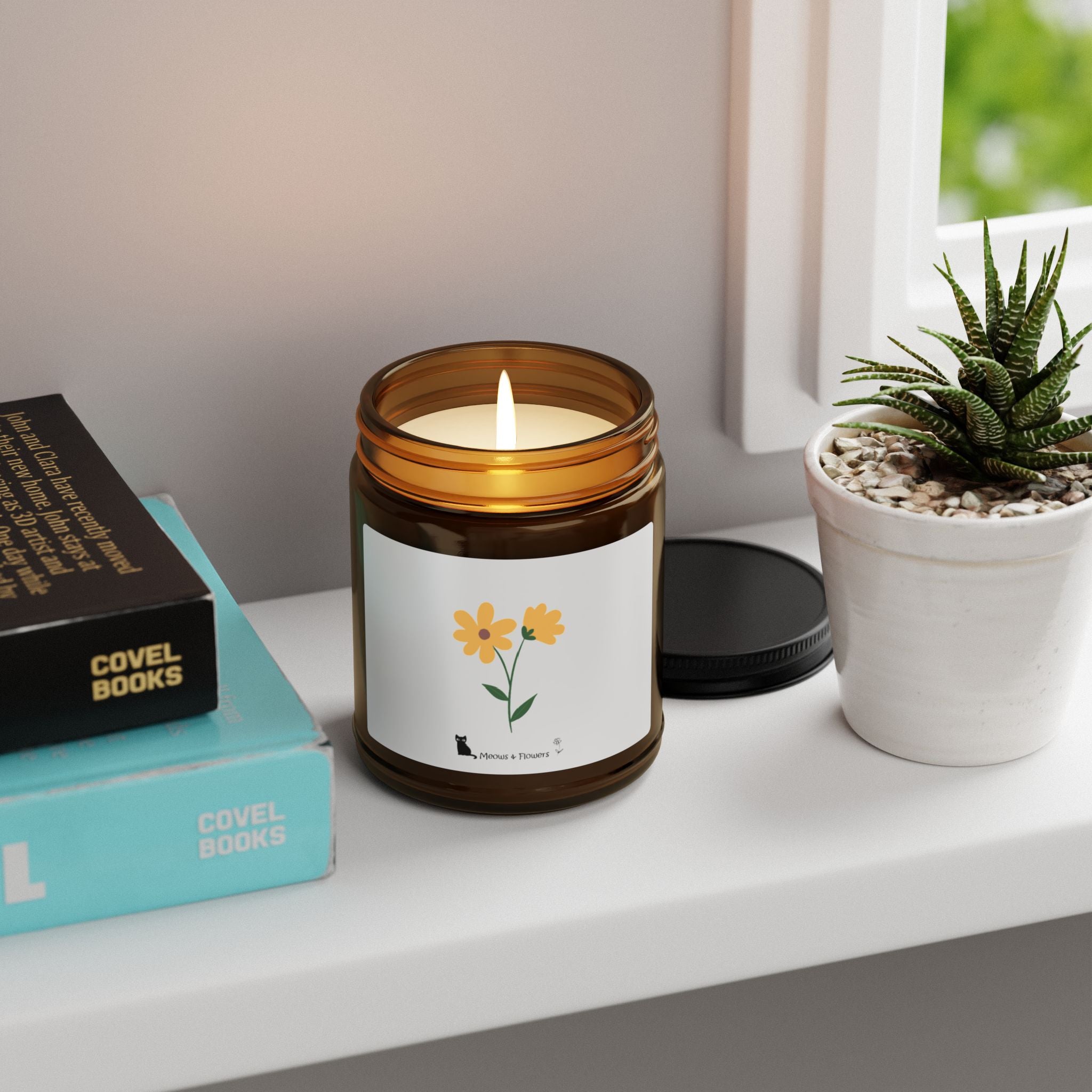 Scented Soy Candle (Amber Jar Yellow Flower)