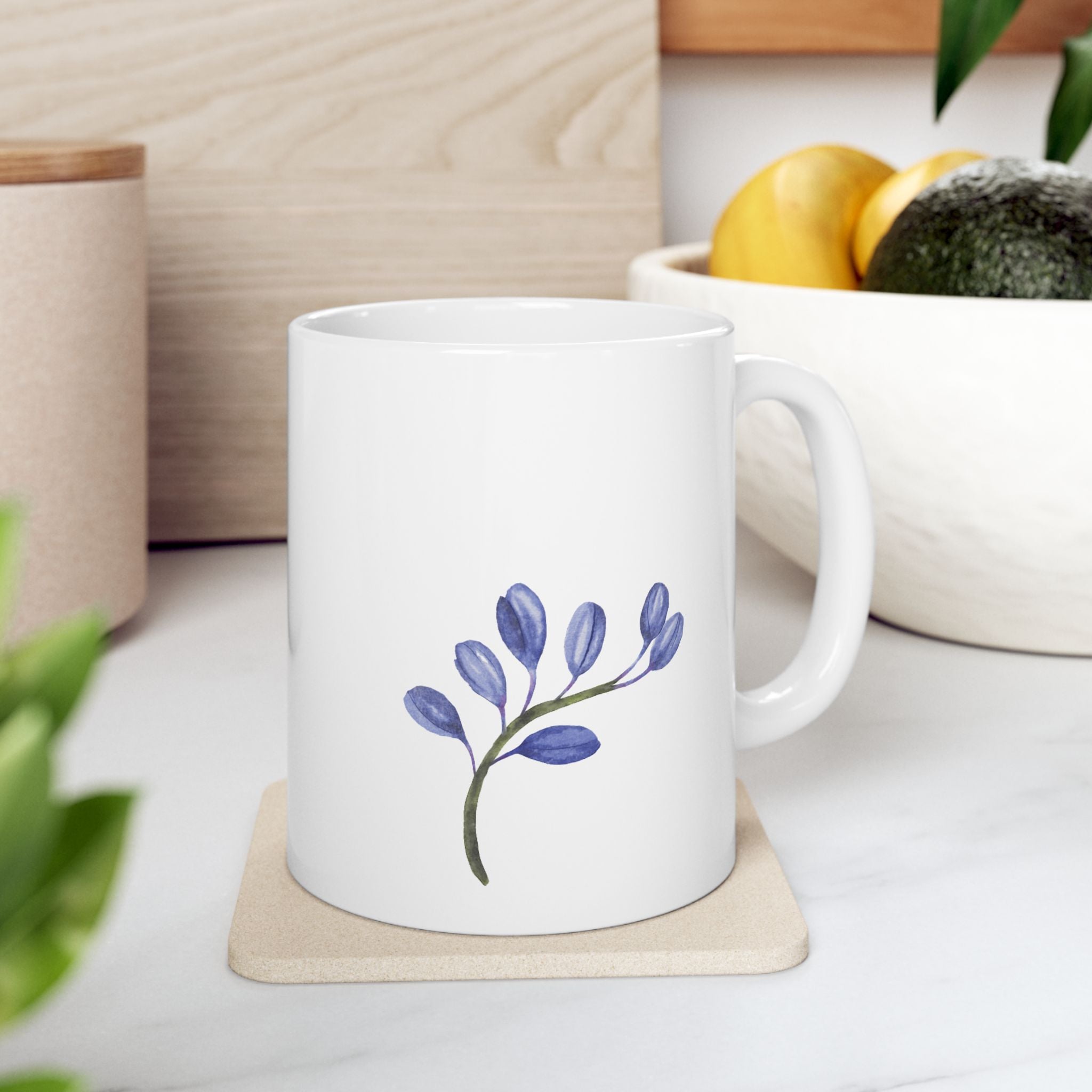 Ceramic Mug, (11oz) (Blue Flower)