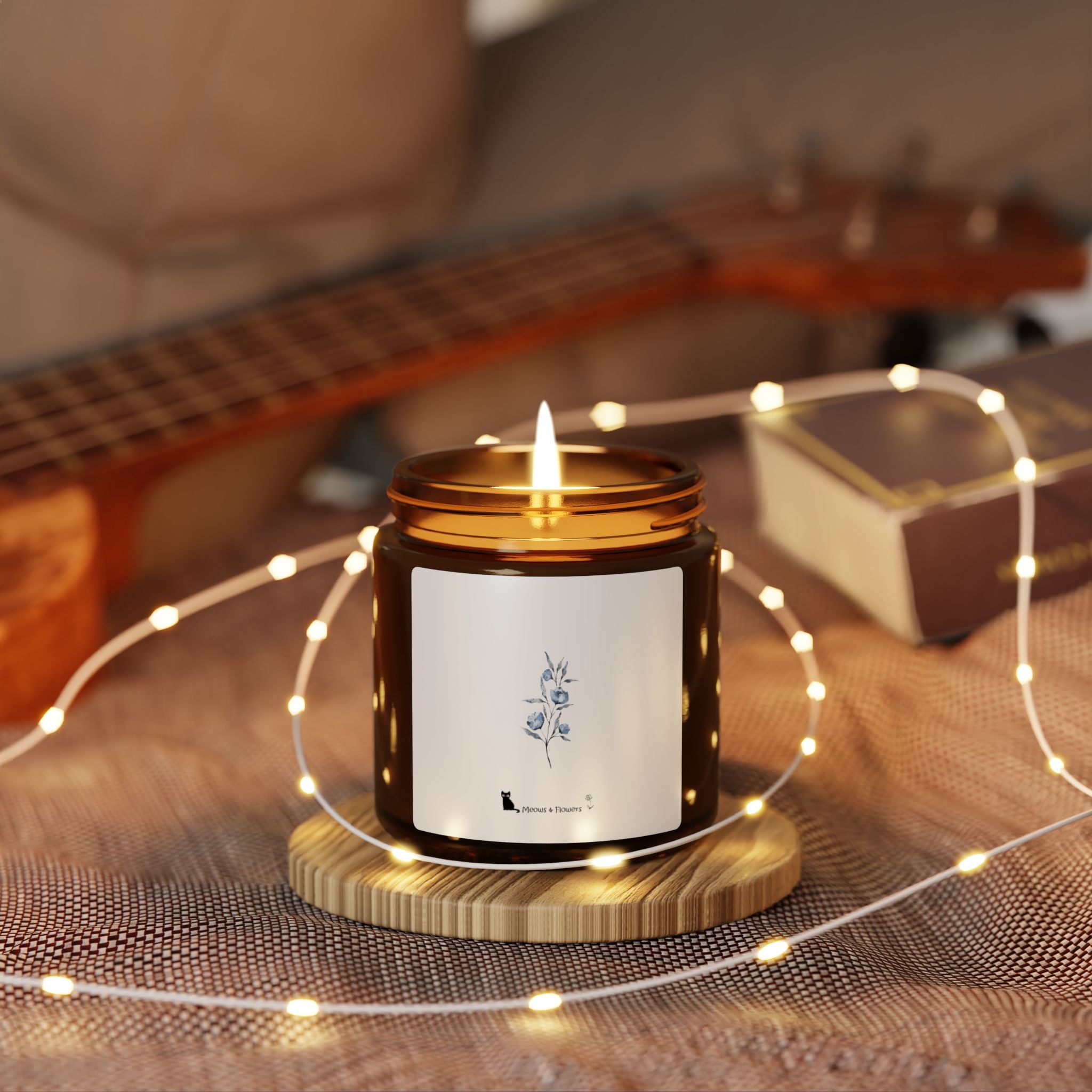 Scented Soy Candle (Amber Jar Light Blue Flower)