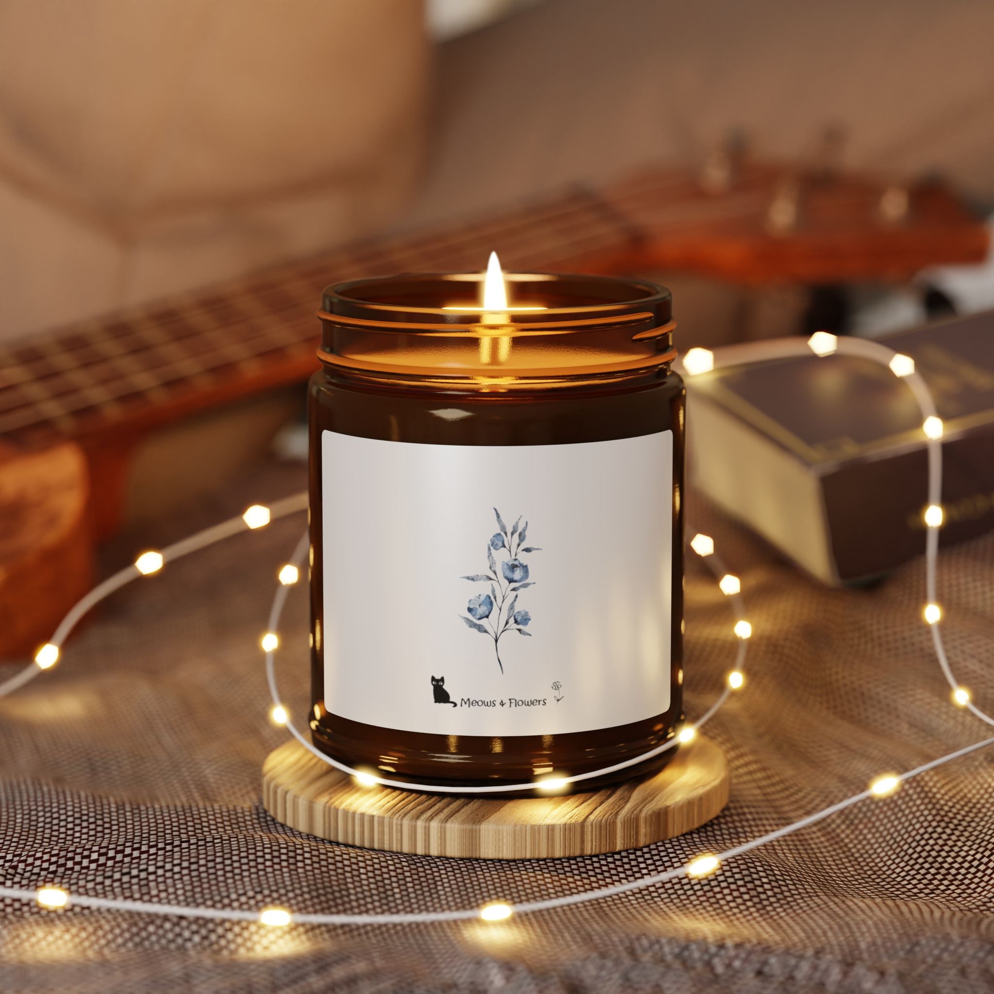 Scented Soy Candle (Amber Jar Light Blue Flower)