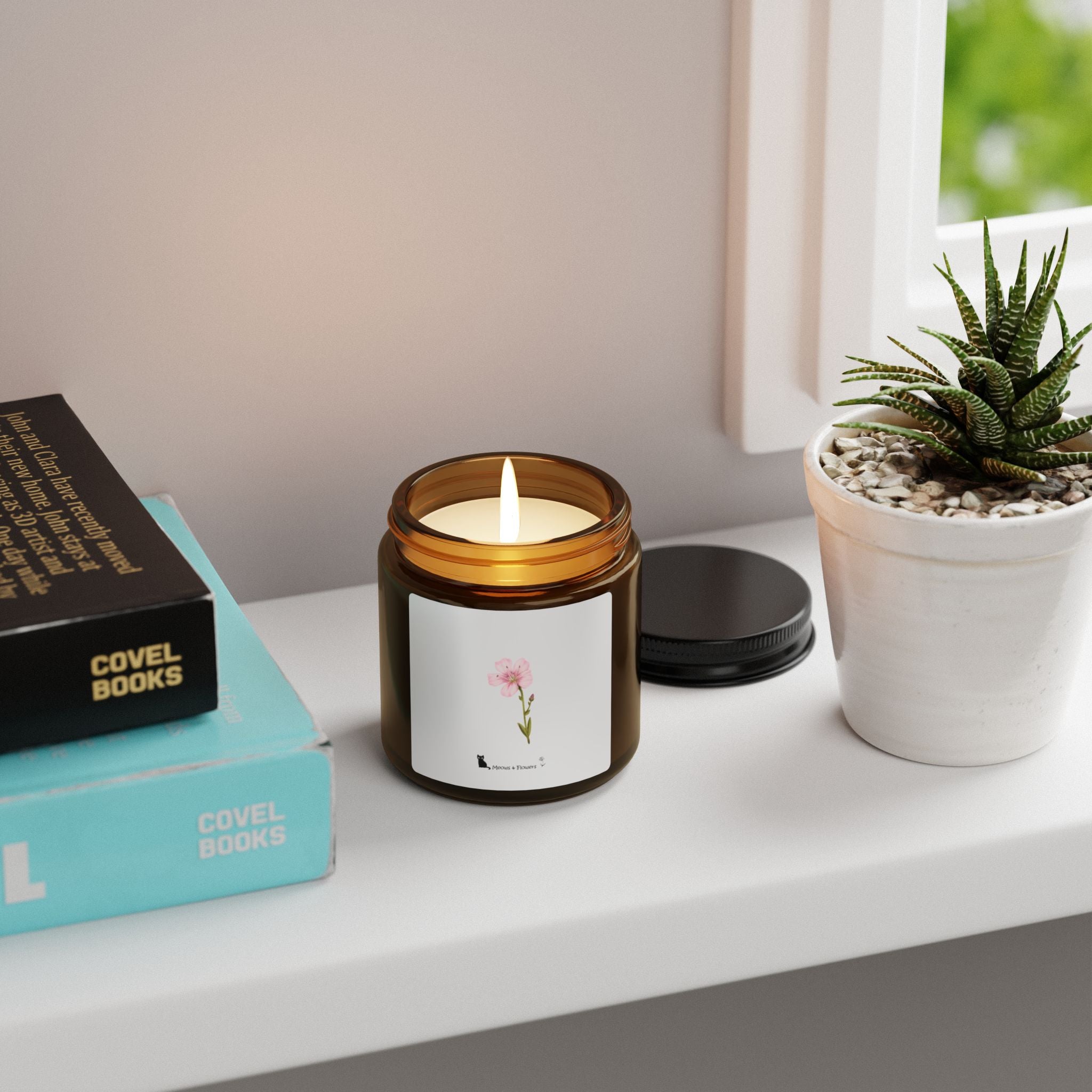 Scented Soy Candle (Amber Jar Pink Flower)