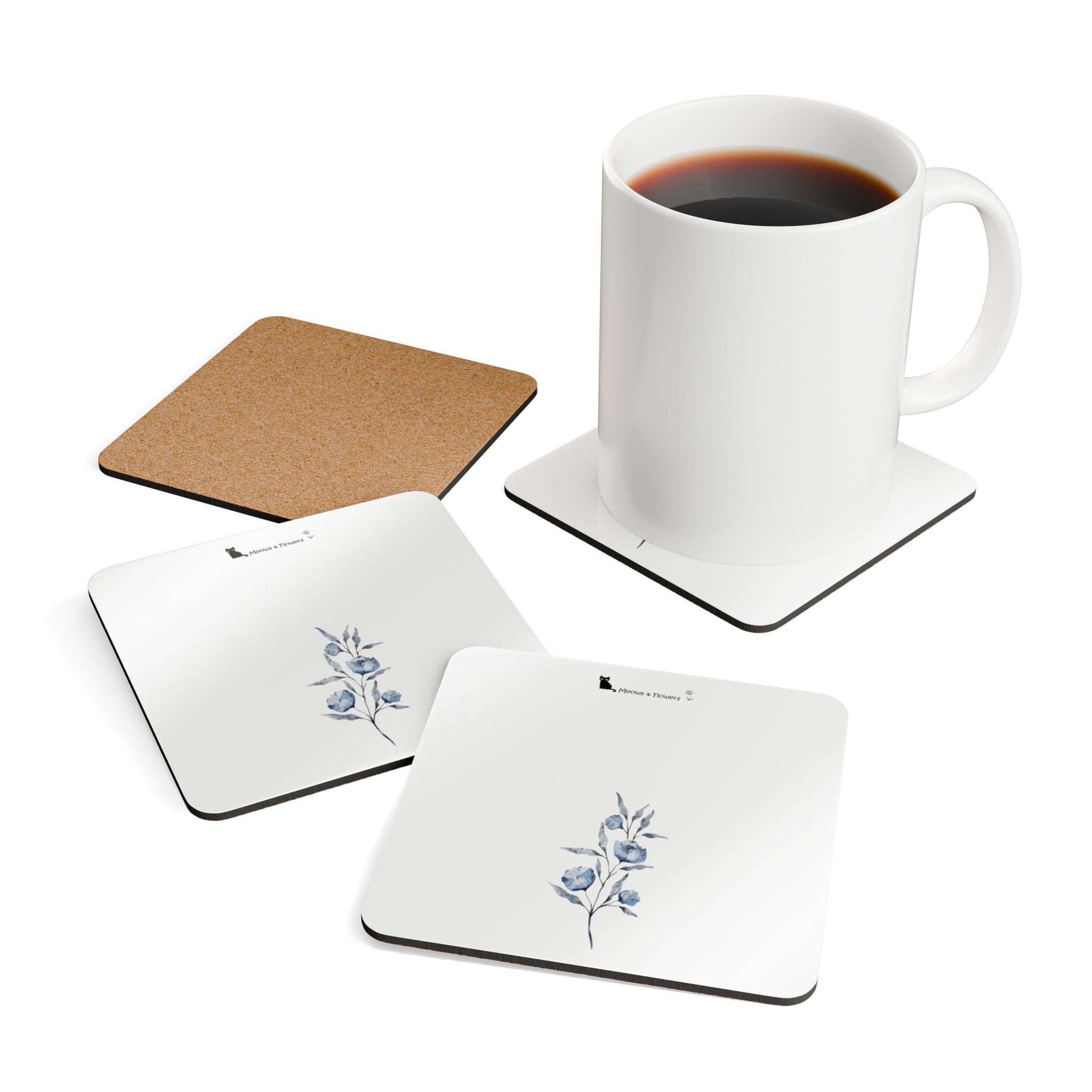 Corkwood Coaster Set (Light Blue Flower)